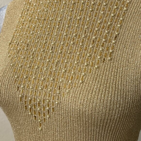 Lillie Rubin Gold Metallic Beaded Sleeveless Top M Peal Embroidered High Neck - Picture 3 of 6